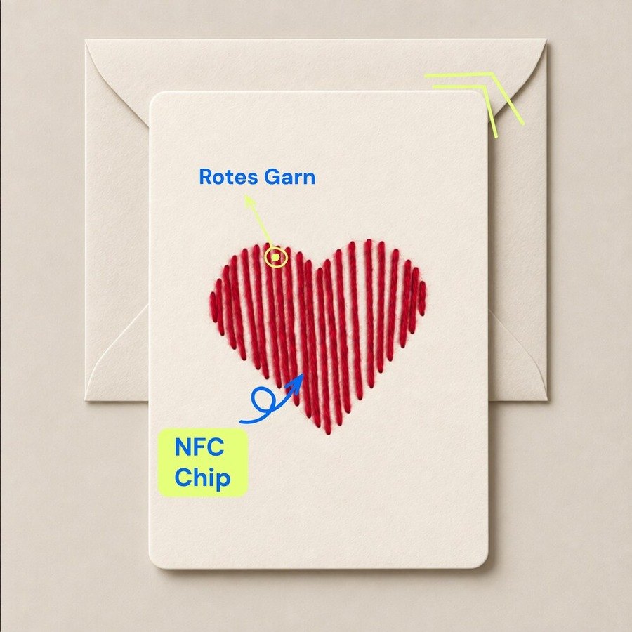 Klappkarte mit gesticktem rotem Herz und NFC Chip