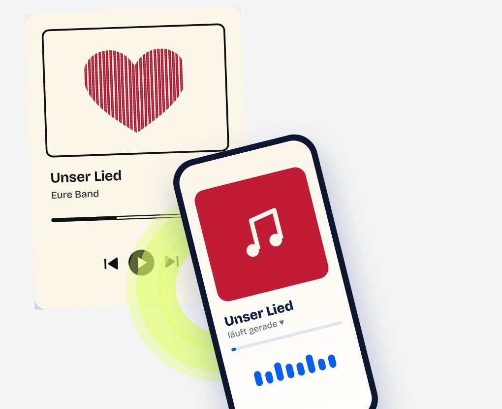 Ein Handy wird an die Songkarte gehalten und spielt das Lied ab